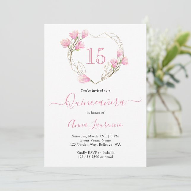 Invitation Elégant cadre de coeur rose floral Quinceanera (Debout devant)