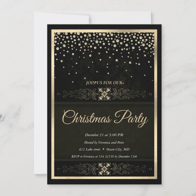 Invitation Elégant cadre de diamants noirs Noël (Devant)