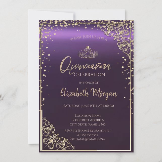 Invitation Elégant cadre de diamants pourpre Quinceañera (Devant)