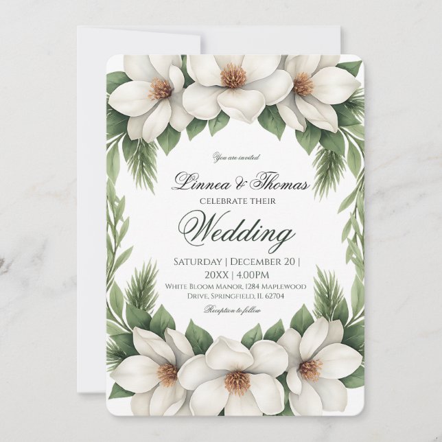 Invitation Elégant cadre de pin Mariage Magnolia blanc (Devant)
