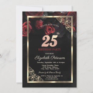 Invitation Elégant cadre de roses rouges Noir 25e anniversair