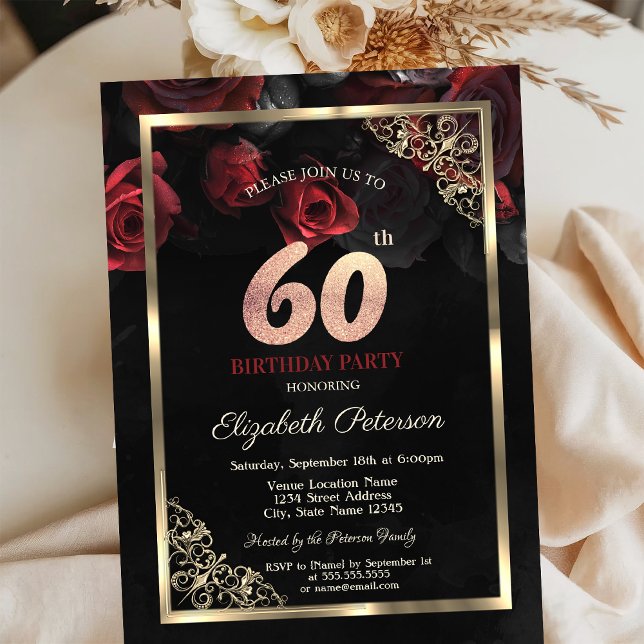 Invitation Elégant cadre de roses rouges Noir 60e anniversair (Créateur téléchargé)