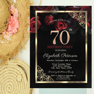 Invitation Elégant cadre de roses rouges Noir 70e anniversair