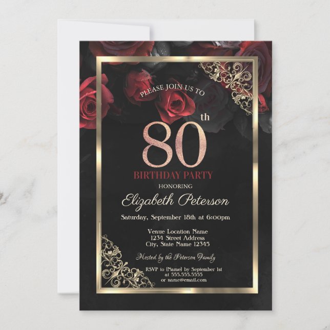 Invitation Elégant cadre de roses rouges Noir 80e anniversair (Devant)