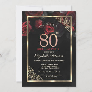 Invitation Elégant cadre de roses rouges Noir 80e anniversair
