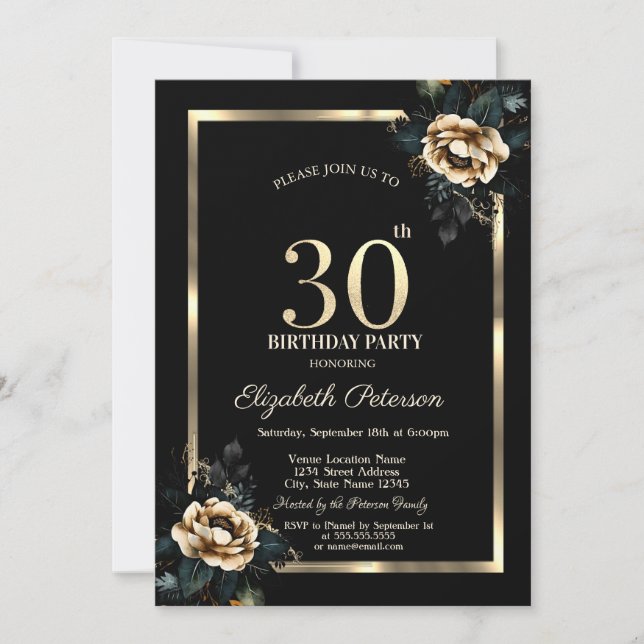 Invitation Elégant cadre d'or Flower Black 30e anniversaire (Devant)