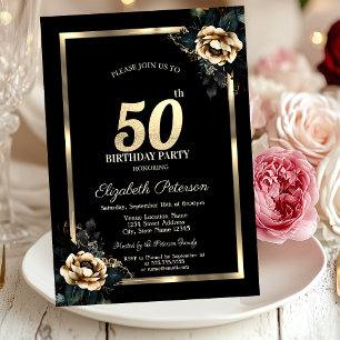 Invitation Elégant cadre d'or Flower Black 50e anniversaire