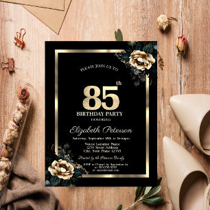 Invitation Elégant cadre d'or Flower Black 85e anniversaire
