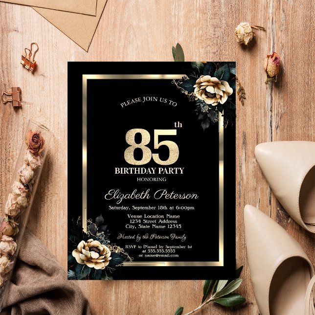 Invitation Elégant cadre d'or Flower Black 85e anniversaire (Créateur téléchargé)