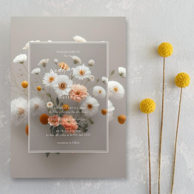 Invitation Élégant cadre floral 3D mariage fleurs blanches (Charming elegance. 3D frame. Unique wedding invitation.)