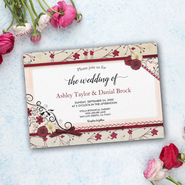 Invitation Elégant cadre floral Bourgogne Chic Mariage d'été (Créateur téléchargé)