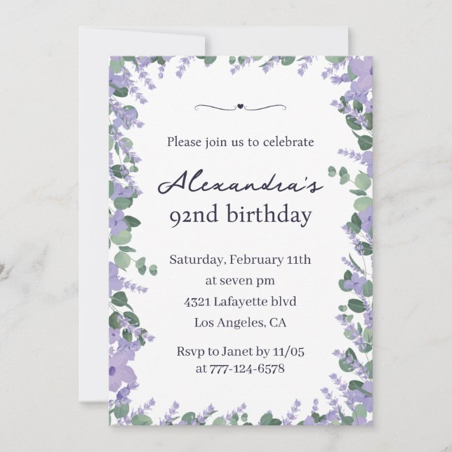 Invitation Elégant cadre floral de lavande 92e anniversaire (Devant)