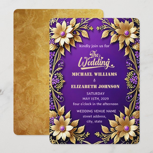 Invitation Elégant cadre Floral Or Mariage violet (Devant / Derrière)