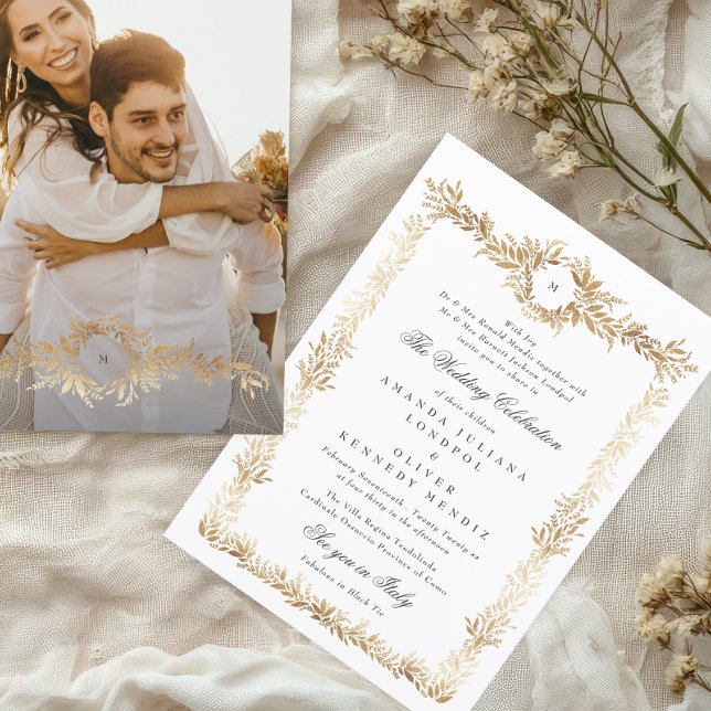 Invitation élégant cadre floral or monogramme photo mariage (Créateur téléchargé)
