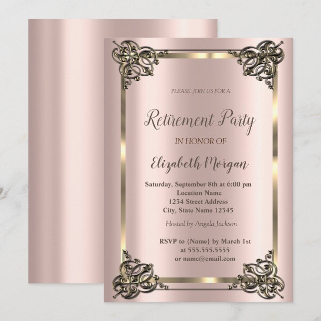 Invitation Elégant cadre Floral Or, Rose Gold Retirement Inv (Devant / Derrière)