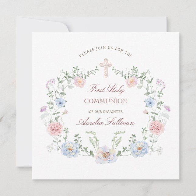 Invitation Elégant cadre floral Premier Carré de communion (Devant)