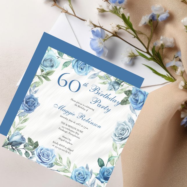 Invitation Elégant cadre Floral Rose Bleu 60ème anniversaire  (Elegant Blue Roses Floral Frame 60th Birthday Party Invitation - Available in Print and/or Digital)
