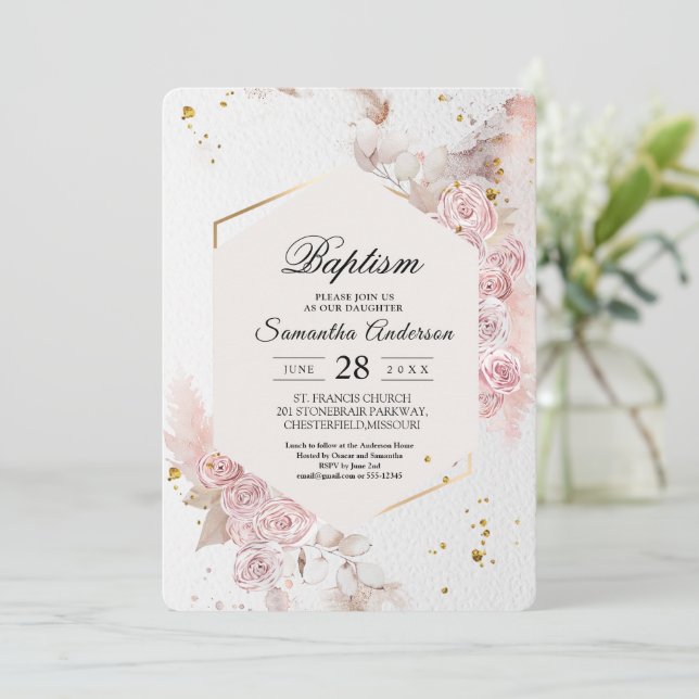Invitation Elégant cadre floral rose pastel Fancy (Debout devant)