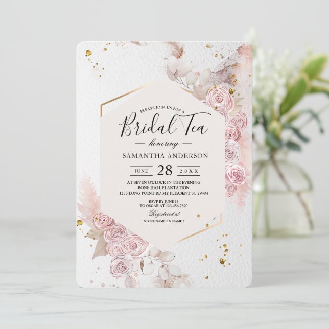 Invitation Elégant cadre floral rose pastel Fancy (Debout devant)