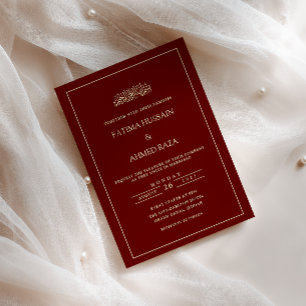 Invitation Élégant cadre minimal or bordeaux mariage musulman