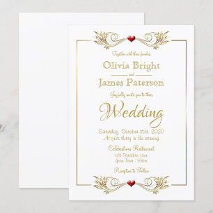 Invitation Elégant cadre or blanc Mariage coeur rouge