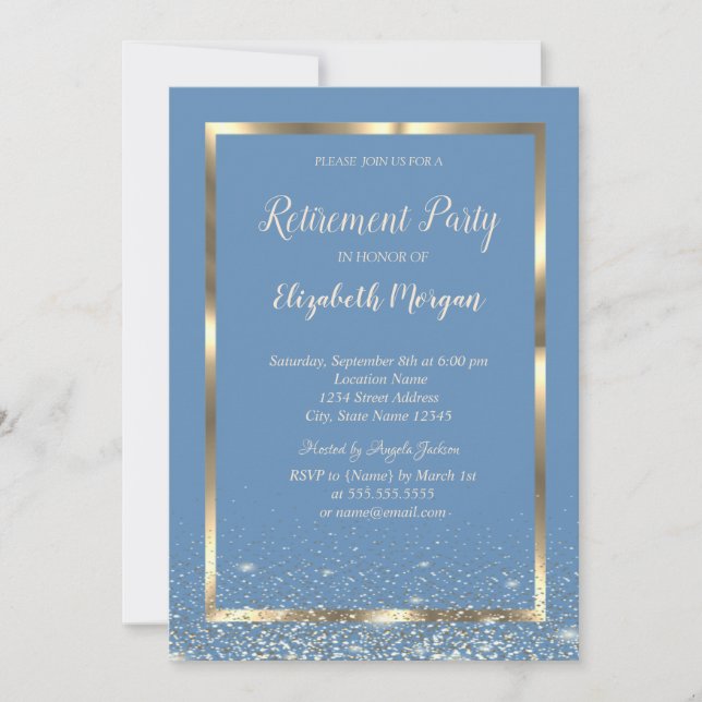 Invitation Elégant cadre or Confetti Light Blue Retraite (Devant)