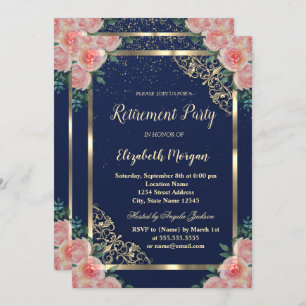 Invitation Elégant cadre or Floral Navy Blue Retraite