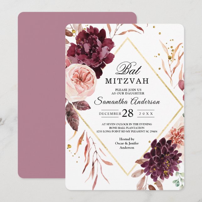 Invitation Elégant cadre Or Floral Rouge & Rose (Devant / Derrière)
