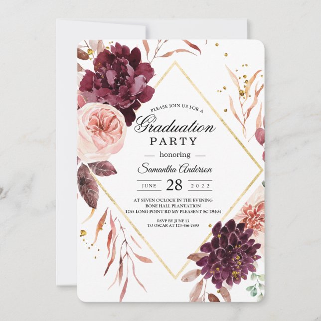 Invitation Elégant cadre Or Floral Rouge & Rose (Devant)