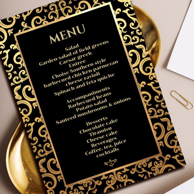 Invitation Elégant cadre or Mariage menu dîner (Elegant gold Frame Wedding Dinner Menu Invitation #decorativeframeinvitation #zazzleinvitation #gold)
