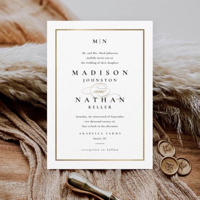 Invitation Elégant cadre or noir et blanc Mariage (Créateur téléchargé)