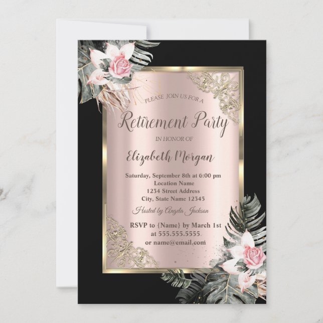 Invitation Elégant cadre or, Palm Feuille Rose retraite (Devant)