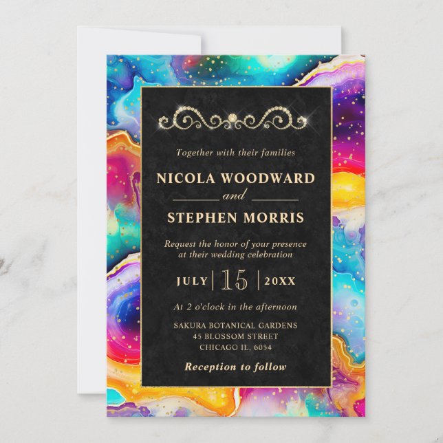 Invitation Elégant cadre or Rainbow Agate Mariage (Devant)