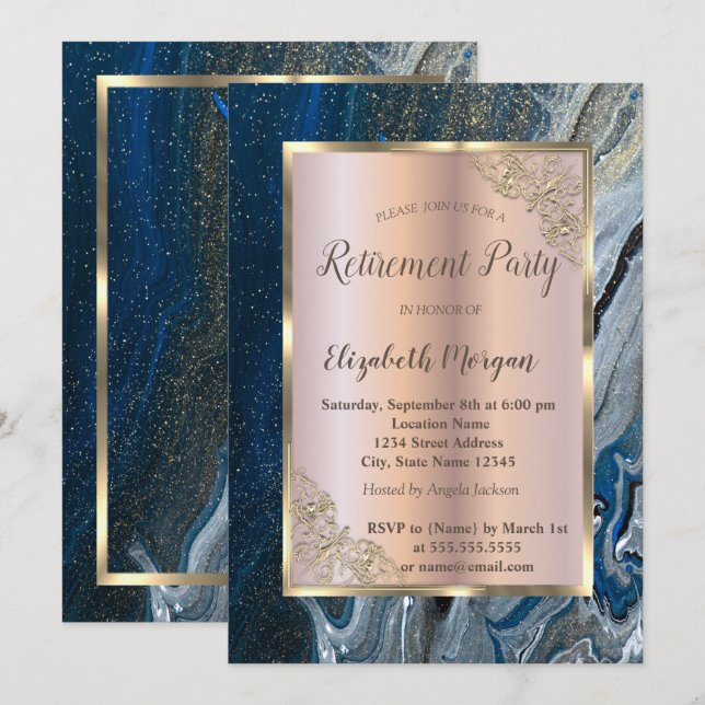 Invitation Elégant cadre or, Retraite de marbre bleu (Devant / Derrière)