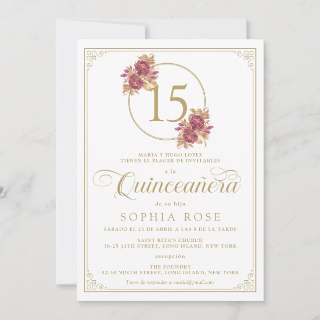 Invitation Elégant cadre Or & Rose Bourgogne Quinceanera (Devant)