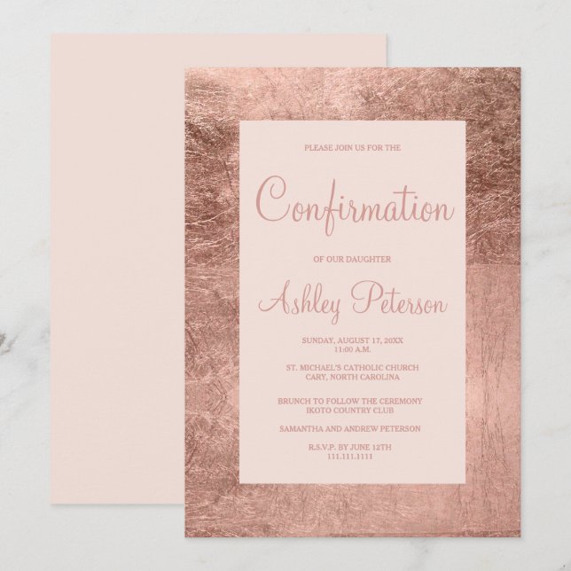 Invitation Elégant cadre rose or rose pâle confirmation (Devant / Derrière)