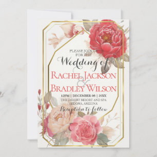 Invitation Elégant cadre rose rose rose Peony Mariage or