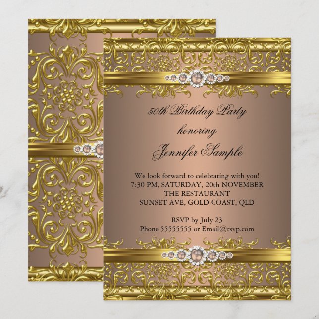 Invitation Elégant café Brown or Damask Diamond Anniversaire (Devant / Derrière)