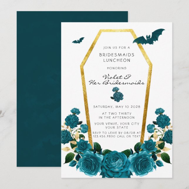 Invitation Élégant café Turquoise or Floral Bridesmaids Déjeu (Devant / Derrière)