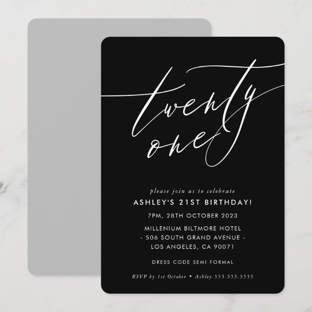 Invitation ELEGANT Calligraphie chic 21e anniversaire noir bl (Devant / Derrière)