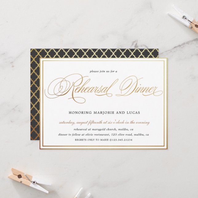 Invitation Élégant Calligraphie Or Répétition Dîner (Devant/Arrière en situation)