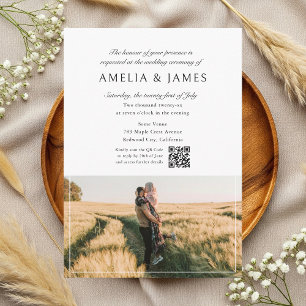 Invitation Élégant Calligraphie Photo QR Code Mariage