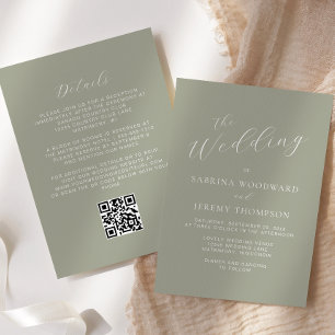 Invitation Élégant Calligraphie Vert Sauge QR Code Mariage