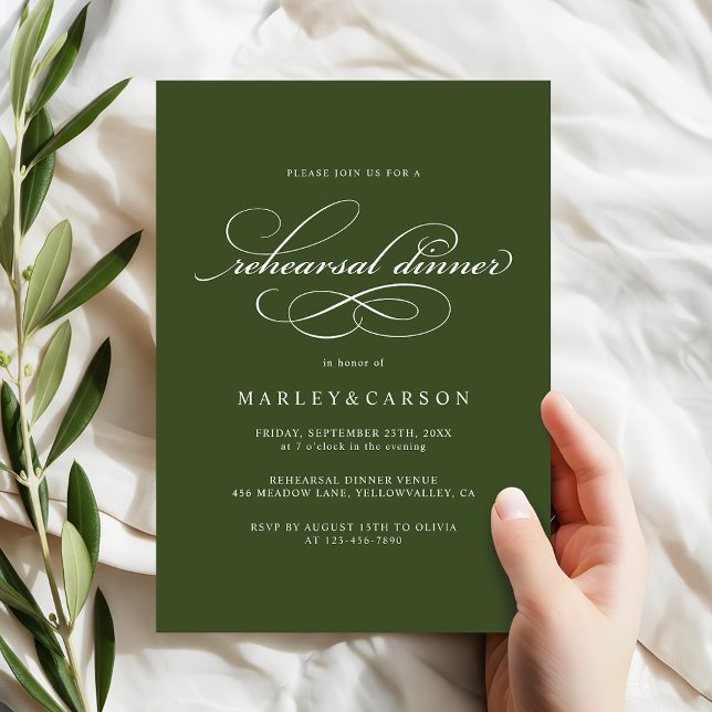 Invitation Elegant Calligraphy Olive Green Rehearsal Dinner (Créateur téléchargé)