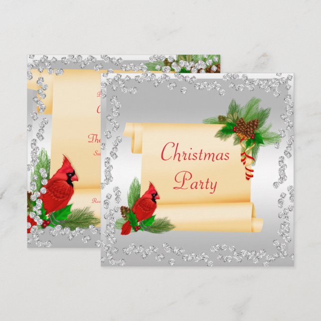 Invitation Elégant cardinal & Scroll Diamonds Noël (Devant / Derrière)