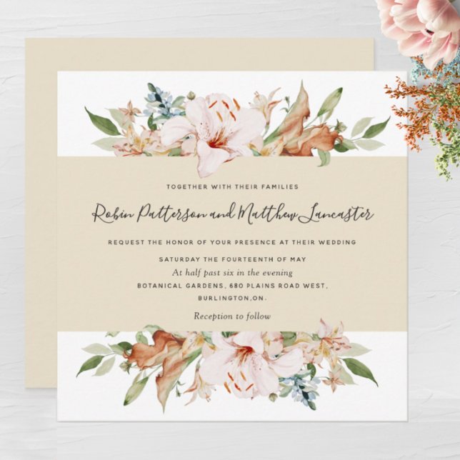 Invitation Elégant Carré de terre fleurit Beurre Beige Mariag (Créateur téléchargé)