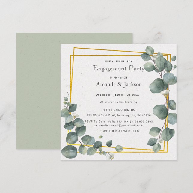 Invitation Élégant Carré du groupe d'engagement Eucalyptus (Devant / Derrière)