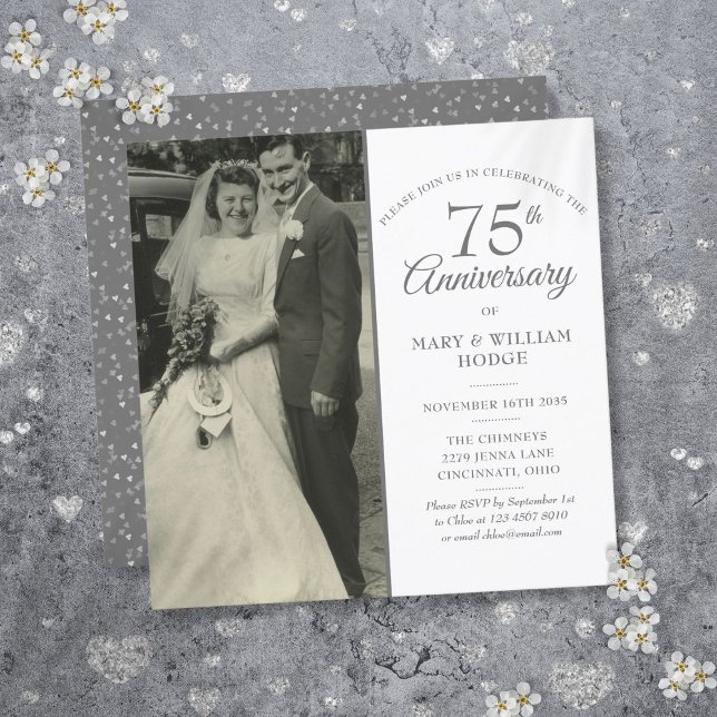 Invitation Élégant Carré photo Mariage du 75e anniversaire (Elegant 75th Anniversary Wedding Photo Square Invitation)