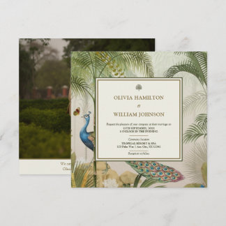 Invitation Élégant Carré Photo Tropical Peacock Palm Mariage