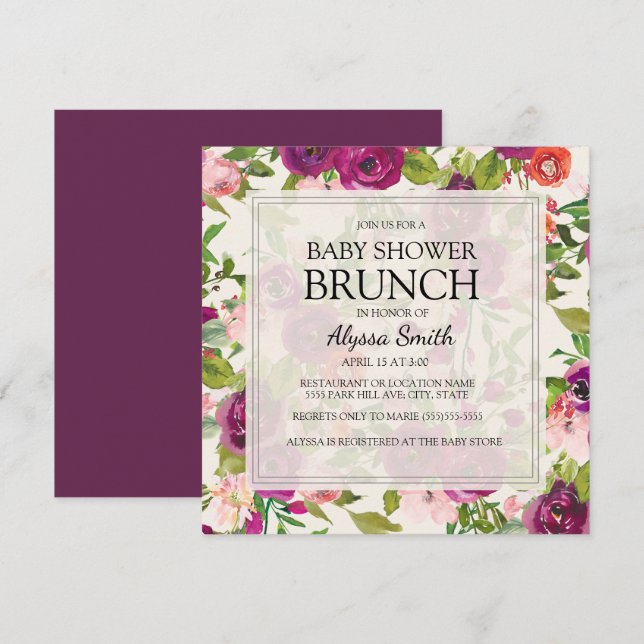 Invitation Élégant Carré rose violet Baby shower floral (Devant / Derrière)